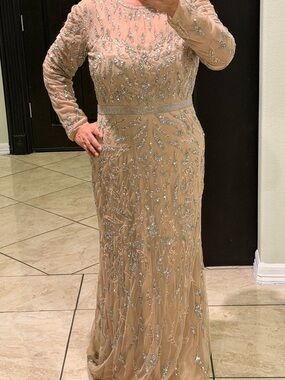 Elegant Nude Beaded Long-Sleeve Evening Gown